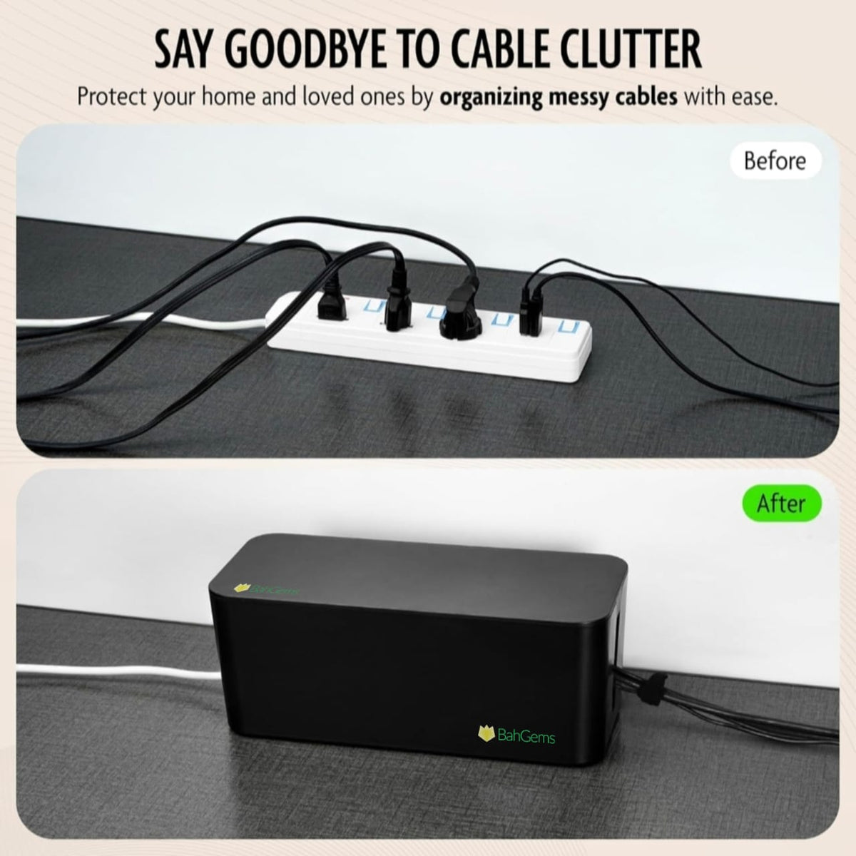 Cable Management Box Set (Large + Medium) – Premium Cable Organizer & Wire Organizer for Home – Office, Desk – Child & Pet Safe – Hide Power Strips & Reduce Clutter – Durable Safety Cable Box