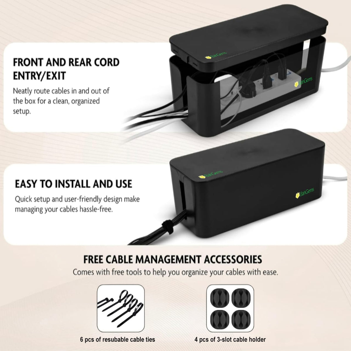 Cable Management Box Set (Large + Medium) – Premium Cable Organizer & Wire Organizer for Home – Office, Desk – Child & Pet Safe – Hide Power Strips & Reduce Clutter – Durable Safety Cable Box
