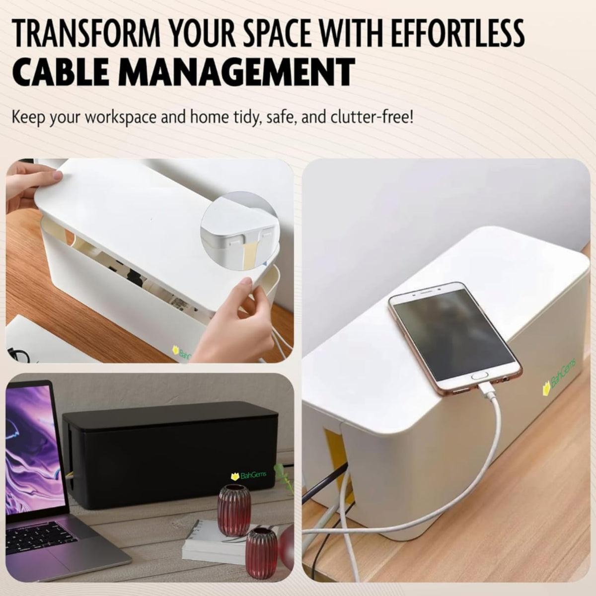 Cable Management Box Set (Large + Medium) – Premium Cable Organizer & Wire Organizer for Home – Office, Desk – Child & Pet Safe – Hide Power Strips & Reduce Clutter – Durable Safety Cable Box