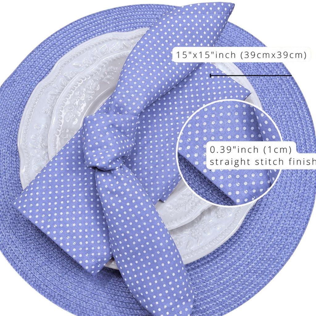 Charlo's Set of 4 Blue Polka Dot 100% Cotton Cloth Napkins 15" by 15" Washable Reusable