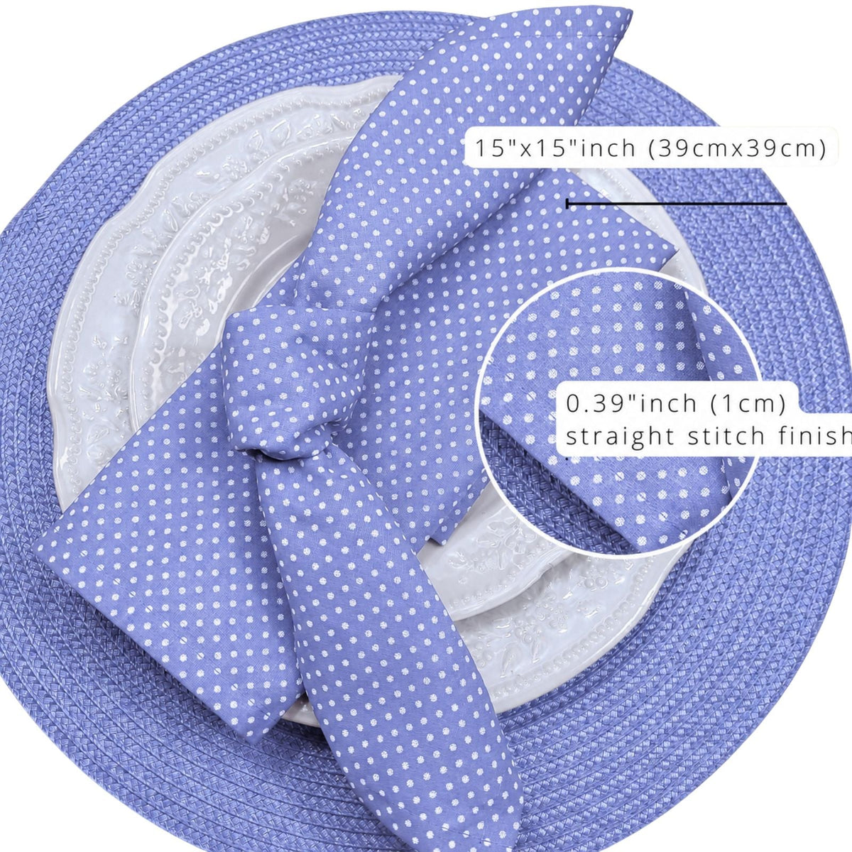 Charlo's Set of 4 Blue Polka Dot 100% Cotton Cloth Napkins 15" by 15" Washable Reusable