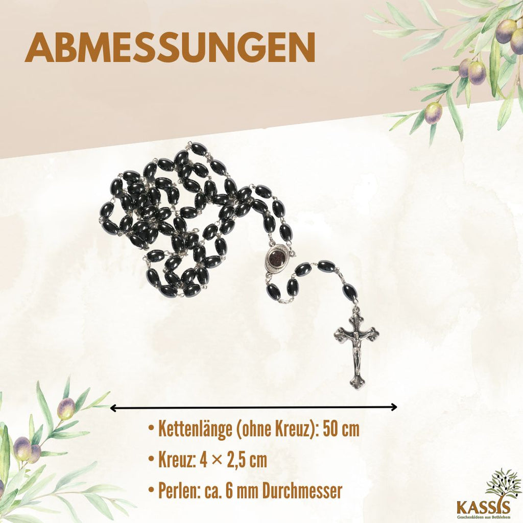 Rosenkranz mit ovalen Hämatitperlen (53 cm) | Gebetskette mit Metallkreuz, Geschenk zur Taufe, Kommunion & Firmung