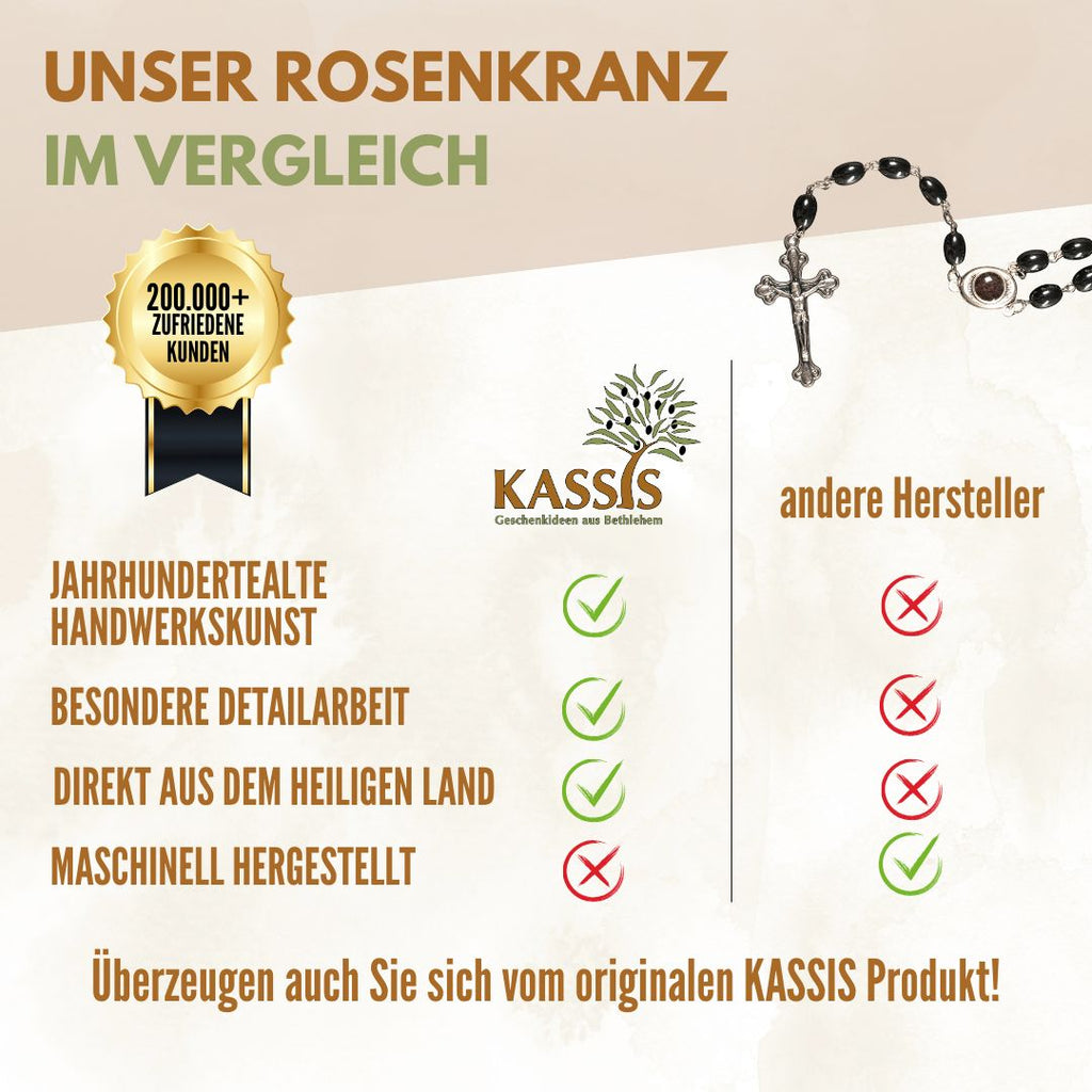 Rosenkranz mit ovalen Hämatitperlen (53 cm) | Gebetskette mit Metallkreuz, Geschenk zur Taufe, Kommunion & Firmung