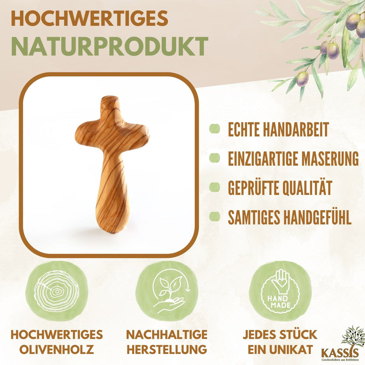 Zweite Wahl: Kreuz-Handschmeichler aus Olivenholz – mit kleinen Makeln